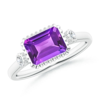 8x6mm AAA East-West Emerald-Cut Amethyst Cocktail Ring with Diamonds in White Gold