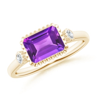 8x6mm AAA East-West Emerald-Cut Amethyst Cocktail Ring with Diamonds in Yellow Gold