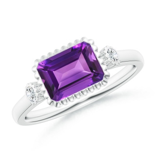 8x6mm AAAA East-West Emerald-Cut Amethyst Cocktail Ring with Diamonds in White Gold