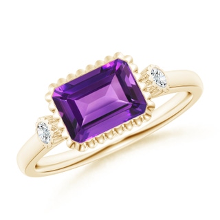 8x6mm AAAA East-West Emerald-Cut Amethyst Cocktail Ring with Diamonds in Yellow Gold