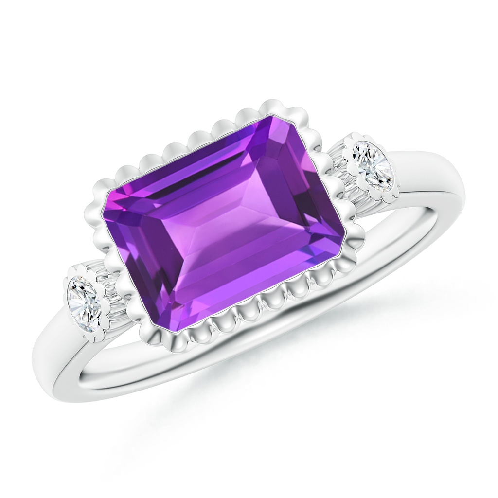 9x7mm AAA East-West Emerald-Cut Amethyst Cocktail Ring with Diamonds in White Gold