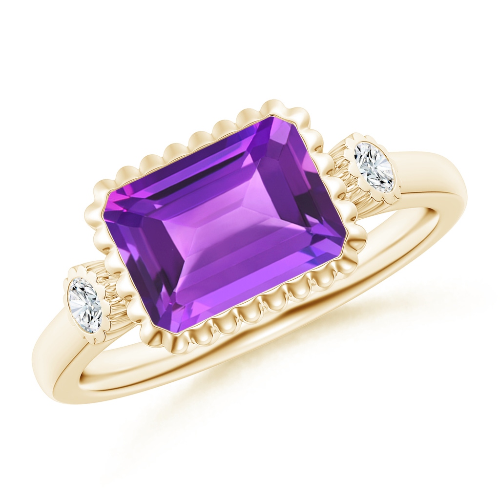 9x7mm AAA East-West Emerald-Cut Amethyst Cocktail Ring with Diamonds in Yellow Gold 