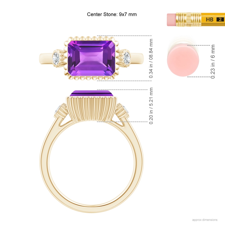 9x7mm AAA East-West Emerald-Cut Amethyst Cocktail Ring with Diamonds in Yellow Gold ruler