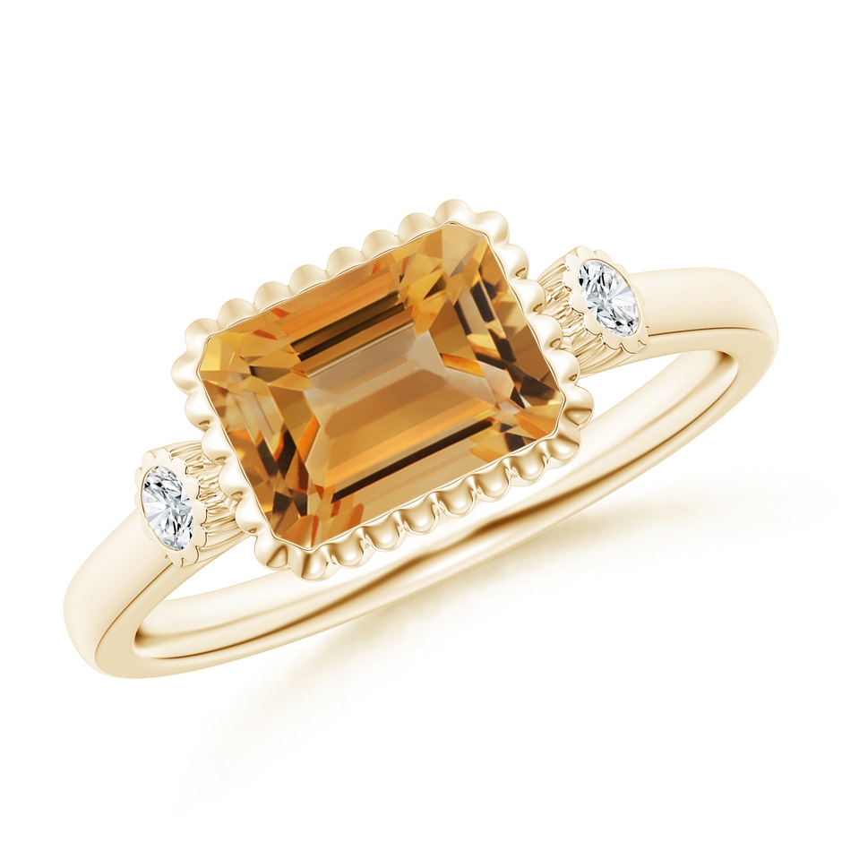 8x6mm A East-West Emerald-Cut Citrine Cocktail Ring with Diamonds in Yellow Gold 