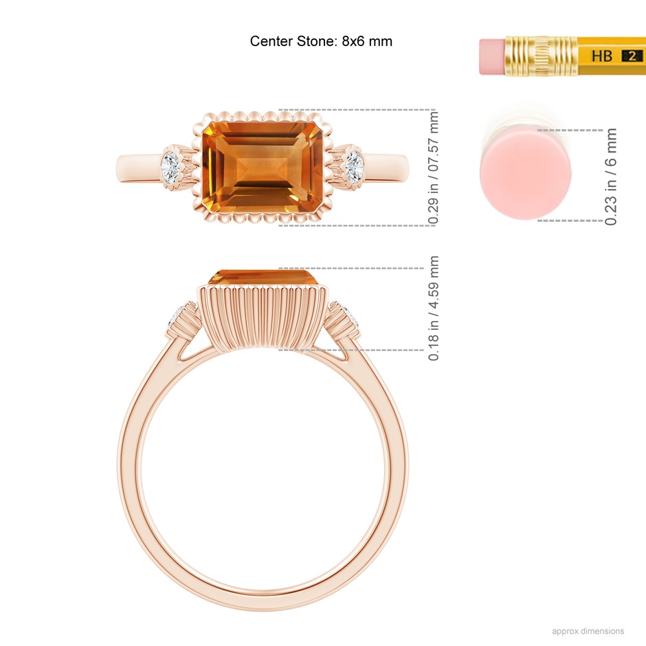 8x6mm AAA East-West Emerald-Cut Citrine Cocktail Ring with Diamonds in Rose Gold ruler