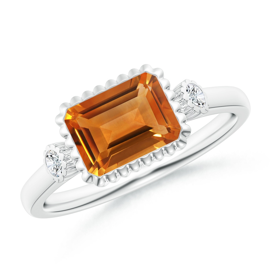 8x6mm AAA East-West Emerald-Cut Citrine Cocktail Ring with Diamonds in White Gold 