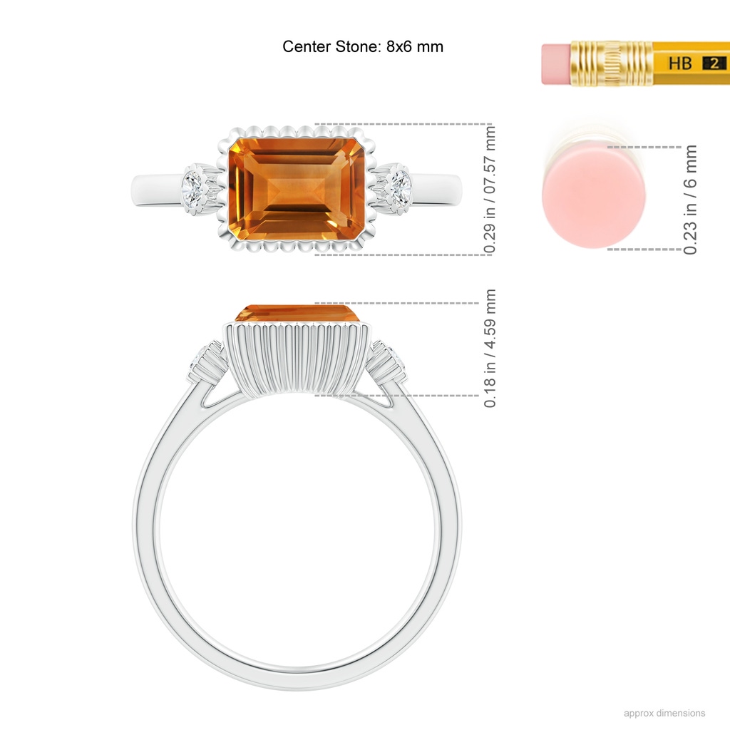 8x6mm AAA East-West Emerald-Cut Citrine Cocktail Ring with Diamonds in White Gold Ruler