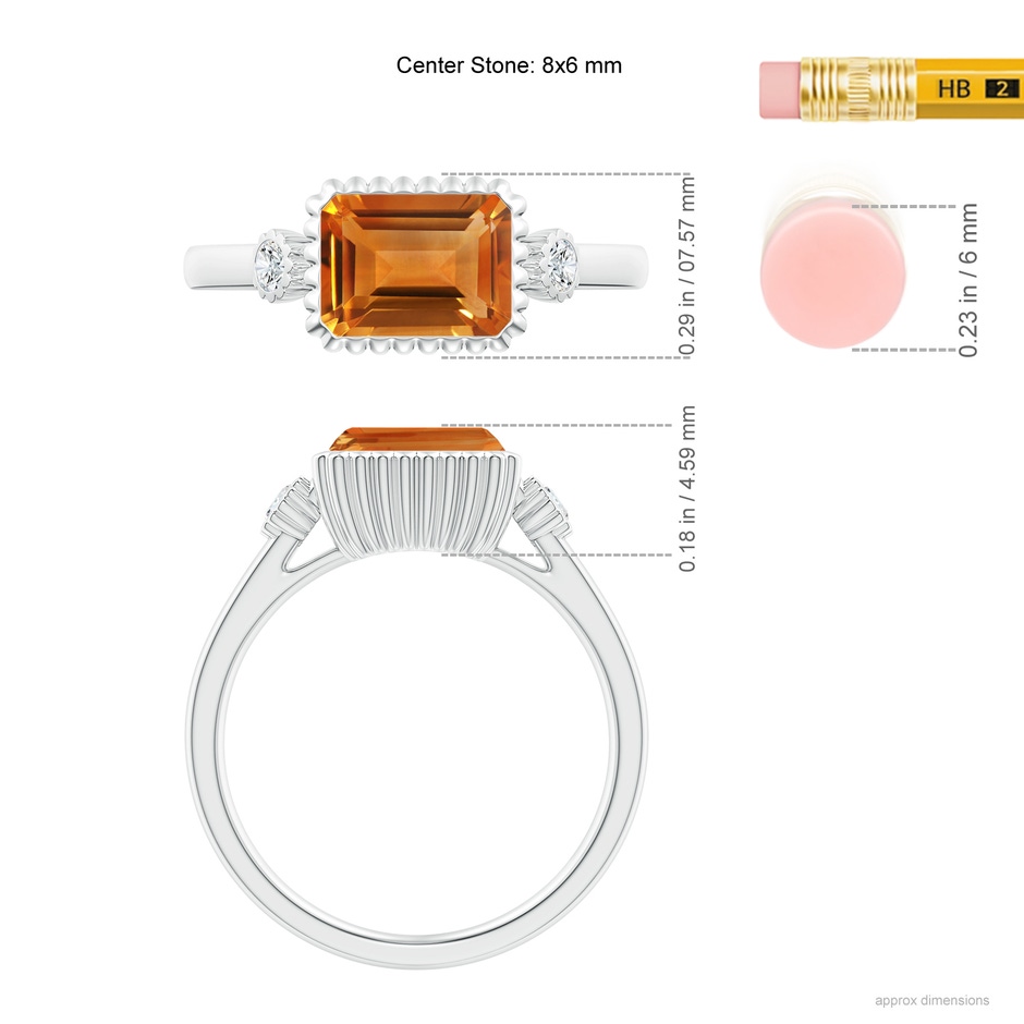 8x6mm AAA East-West Emerald-Cut Citrine Cocktail Ring with Diamonds in White Gold ruler