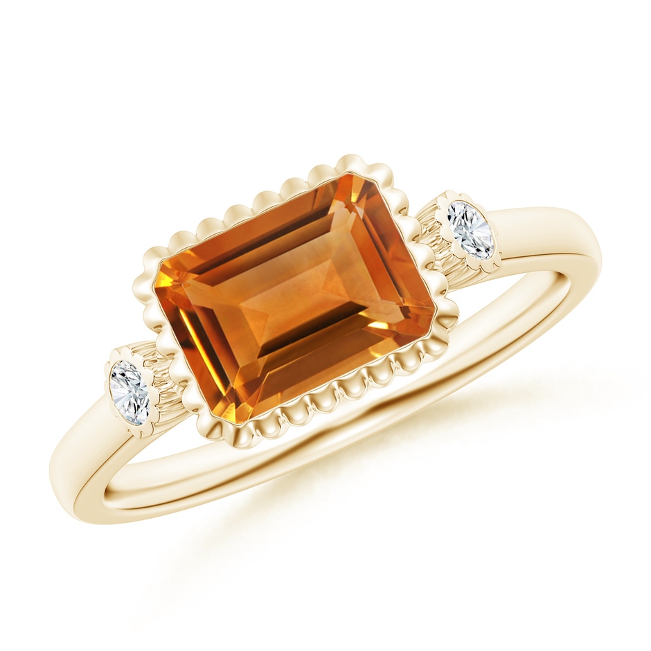 8x6mm AAA East-West Emerald-Cut Citrine Cocktail Ring with Diamonds in Yellow Gold 