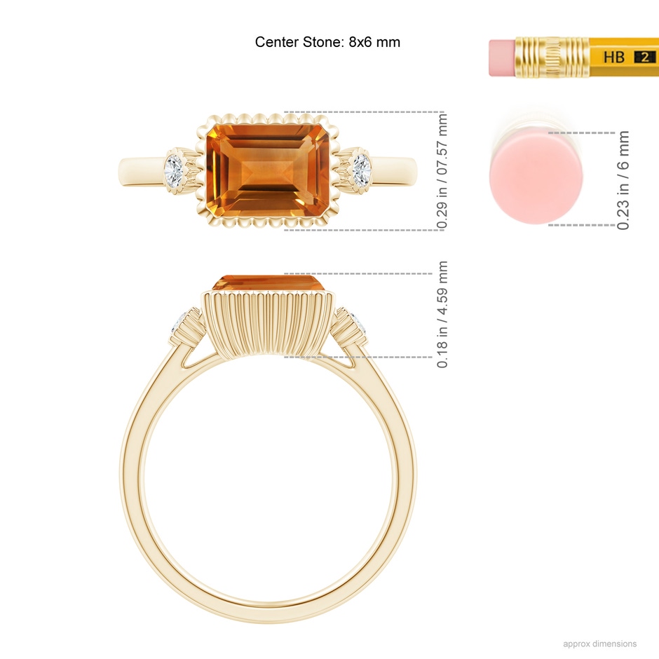 8x6mm AAA East-West Emerald-Cut Citrine Cocktail Ring with Diamonds in Yellow Gold ruler