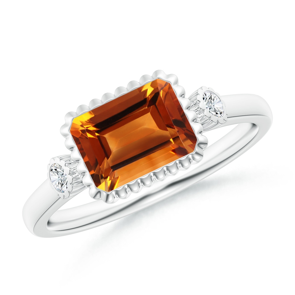 8x6mm AAAA East-West Emerald-Cut Citrine Cocktail Ring with Diamonds in P950 Platinum