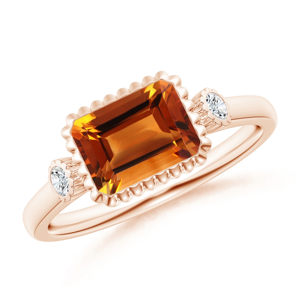 8x6mm AAAA East-West Emerald-Cut Citrine Cocktail Ring with Diamonds in Rose Gold