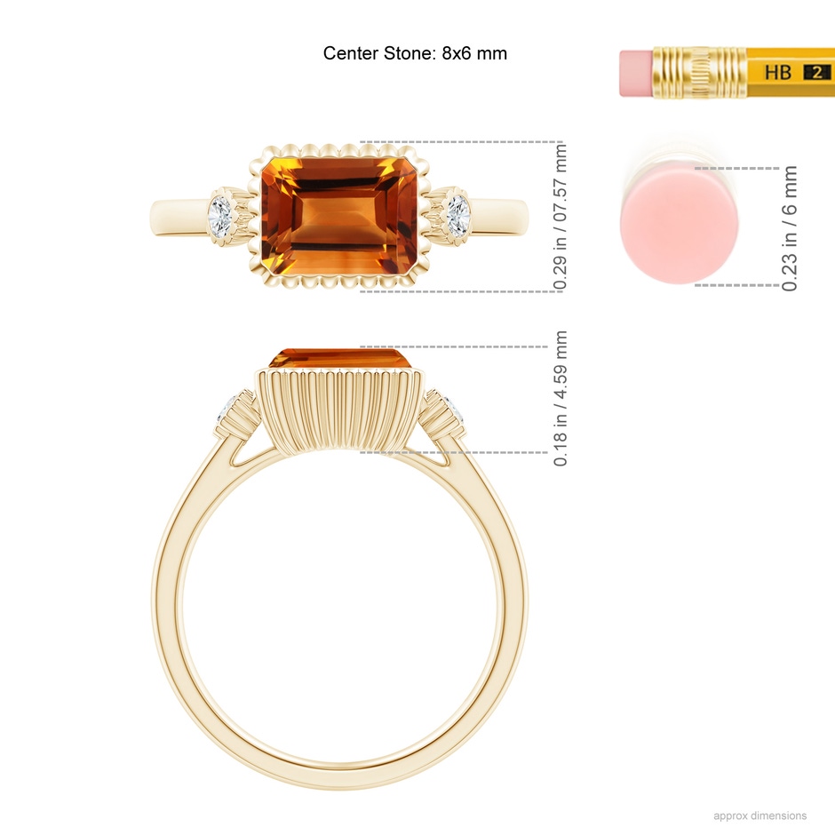 8x6mm AAAA East-West Emerald-Cut Citrine Cocktail Ring with Diamonds in Yellow Gold ruler