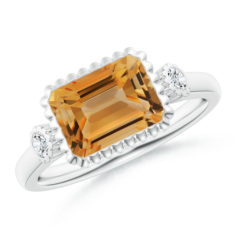 9x7mm A East-West Emerald-Cut Citrine Cocktail Ring with Diamonds in White Gold 