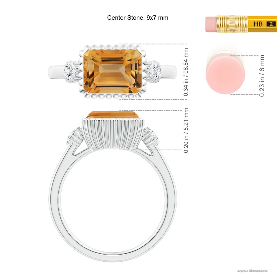 9x7mm A East-West Emerald-Cut Citrine Cocktail Ring with Diamonds in White Gold ruler