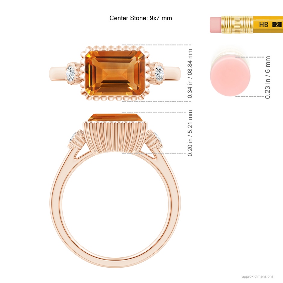 9x7mm AAA East-West Emerald-Cut Citrine Cocktail Ring with Diamonds in Rose Gold ruler