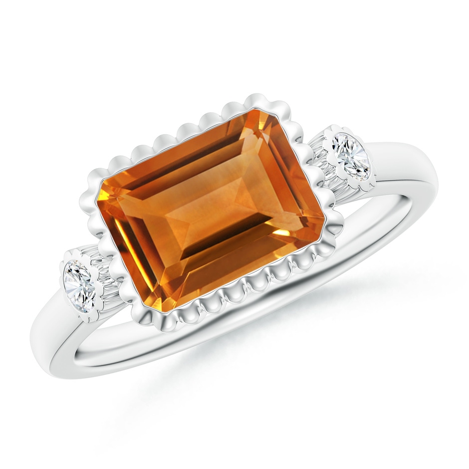 9x7mm AAA East-West Emerald-Cut Citrine Cocktail Ring with Diamonds in White Gold 
