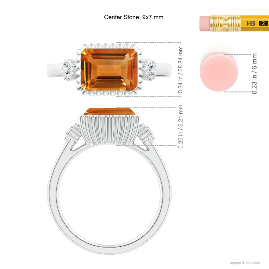 9x7mm AAA East-West Emerald-Cut Citrine Cocktail Ring with Diamonds in White Gold ruler