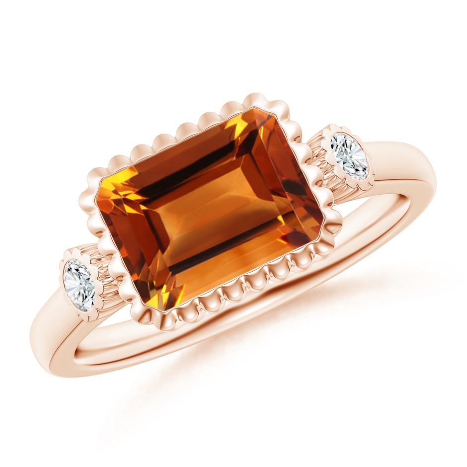 9x7mm AAAA East-West Emerald-Cut Citrine Cocktail Ring with Diamonds in Rose Gold 