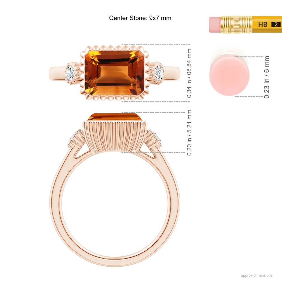 9x7mm AAAA East-West Emerald-Cut Citrine Cocktail Ring with Diamonds in Rose Gold ruler