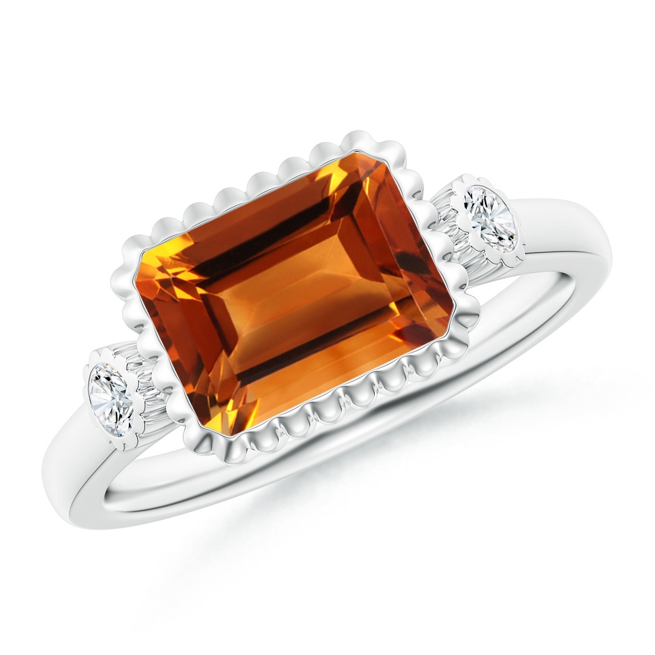 9x7mm AAAA East-West Emerald-Cut Citrine Cocktail Ring with Diamonds in White Gold 