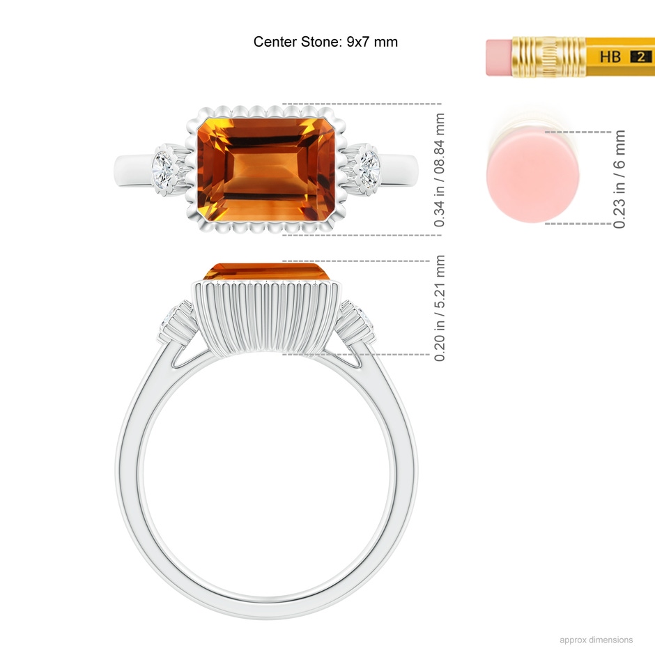 9x7mm AAAA East-West Emerald-Cut Citrine Cocktail Ring with Diamonds in White Gold ruler
