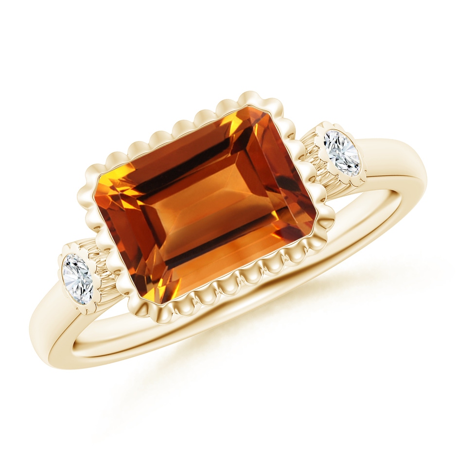 9x7mm AAAA East-West Emerald-Cut Citrine Cocktail Ring with Diamonds in Yellow Gold 