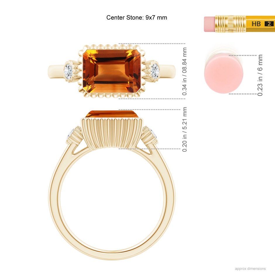 9x7mm AAAA East-West Emerald-Cut Citrine Cocktail Ring with Diamonds in Yellow Gold ruler