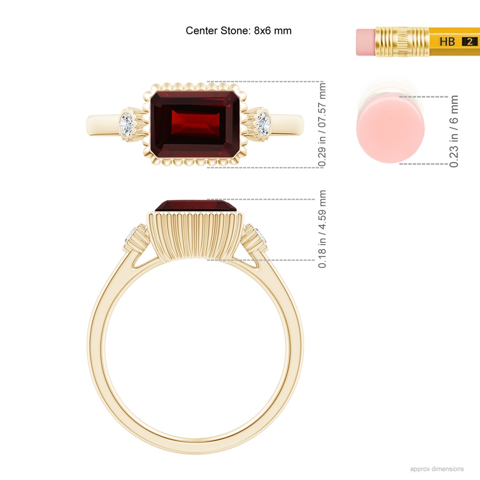 8x6mm AA East-West Emerald-Cut Garnet Cocktail Ring with Diamonds in Yellow Gold ruler