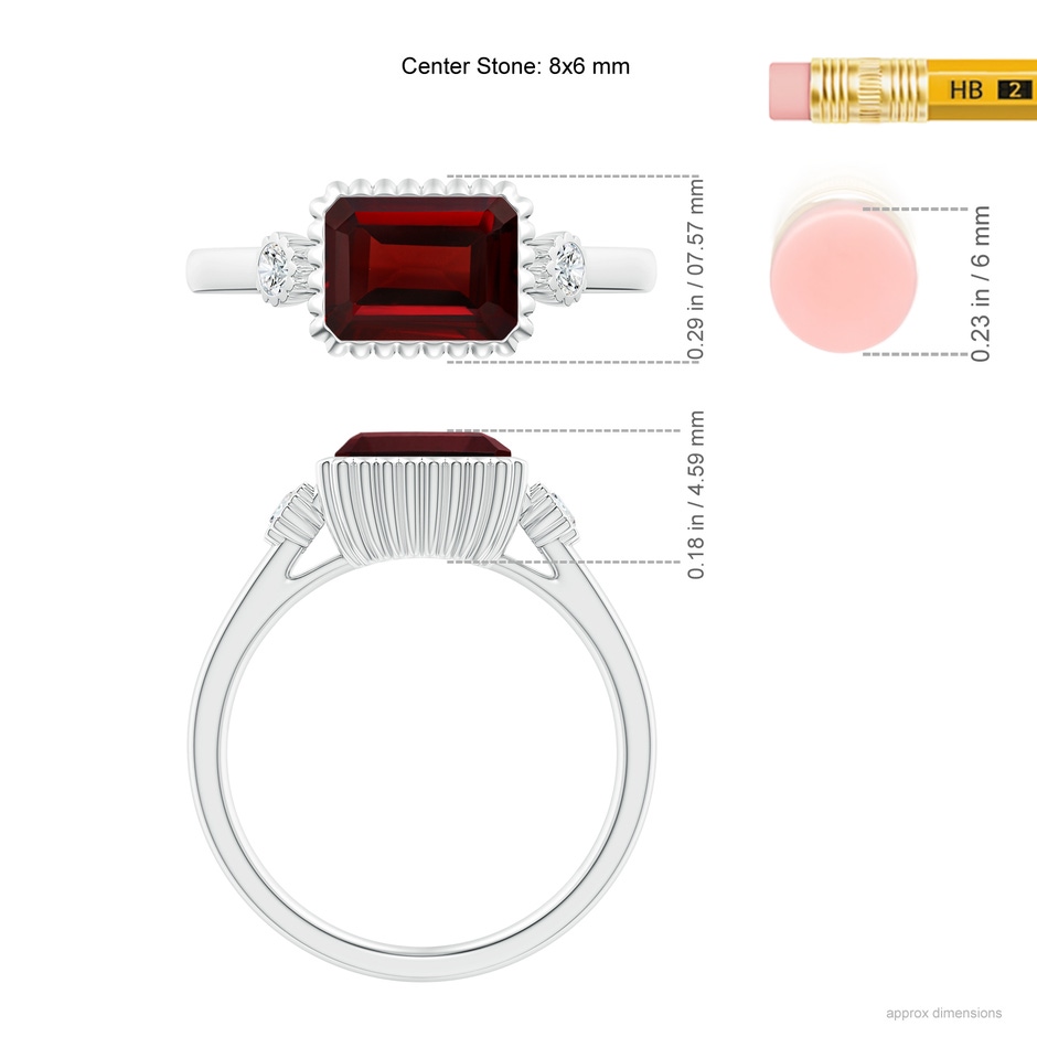 8x6mm AAA East-West Emerald-Cut Garnet Cocktail Ring with Diamonds in White Gold ruler