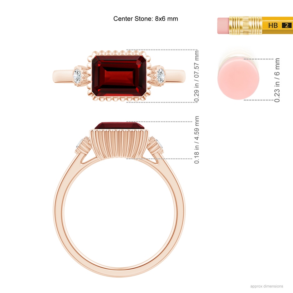 8x6mm AAAA East-West Emerald-Cut Garnet Cocktail Ring with Diamonds in Rose Gold ruler
