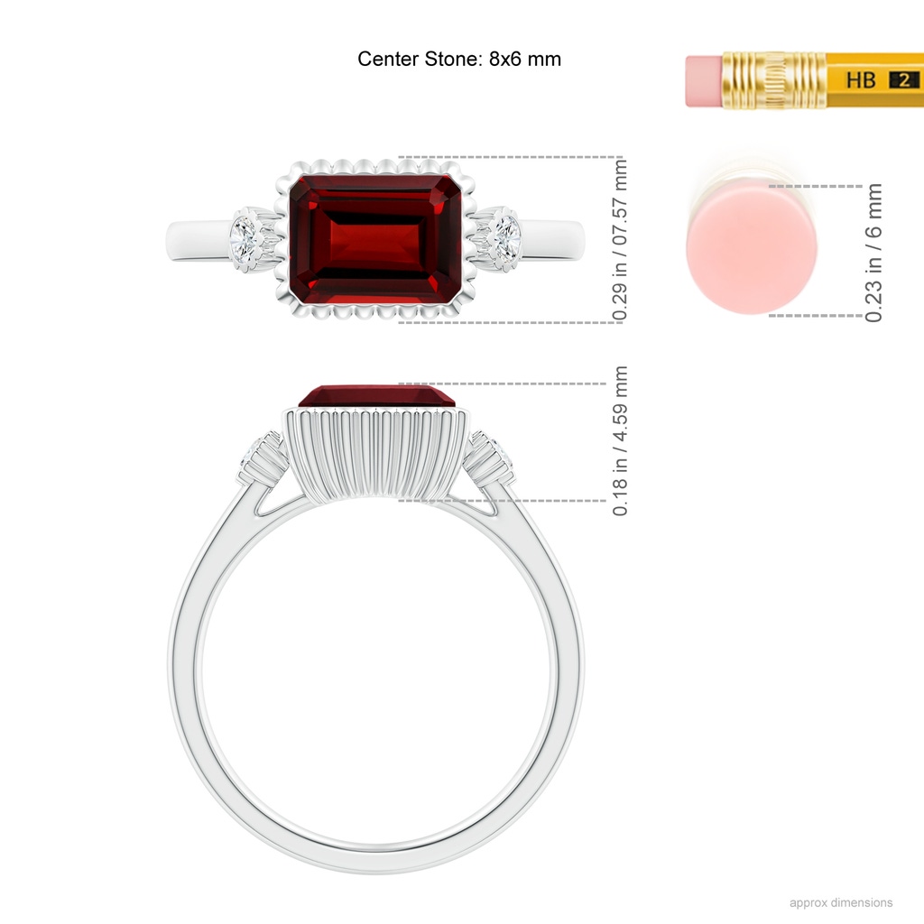 8x6mm AAAA East-West Emerald-Cut Garnet Cocktail Ring with Diamonds in White Gold Ruler