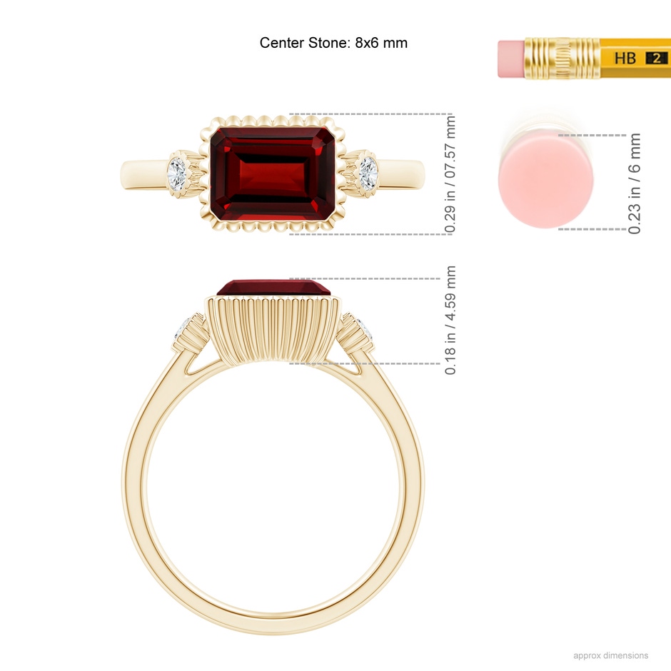 8x6mm AAAA East-West Emerald-Cut Garnet Cocktail Ring with Diamonds in Yellow Gold ruler