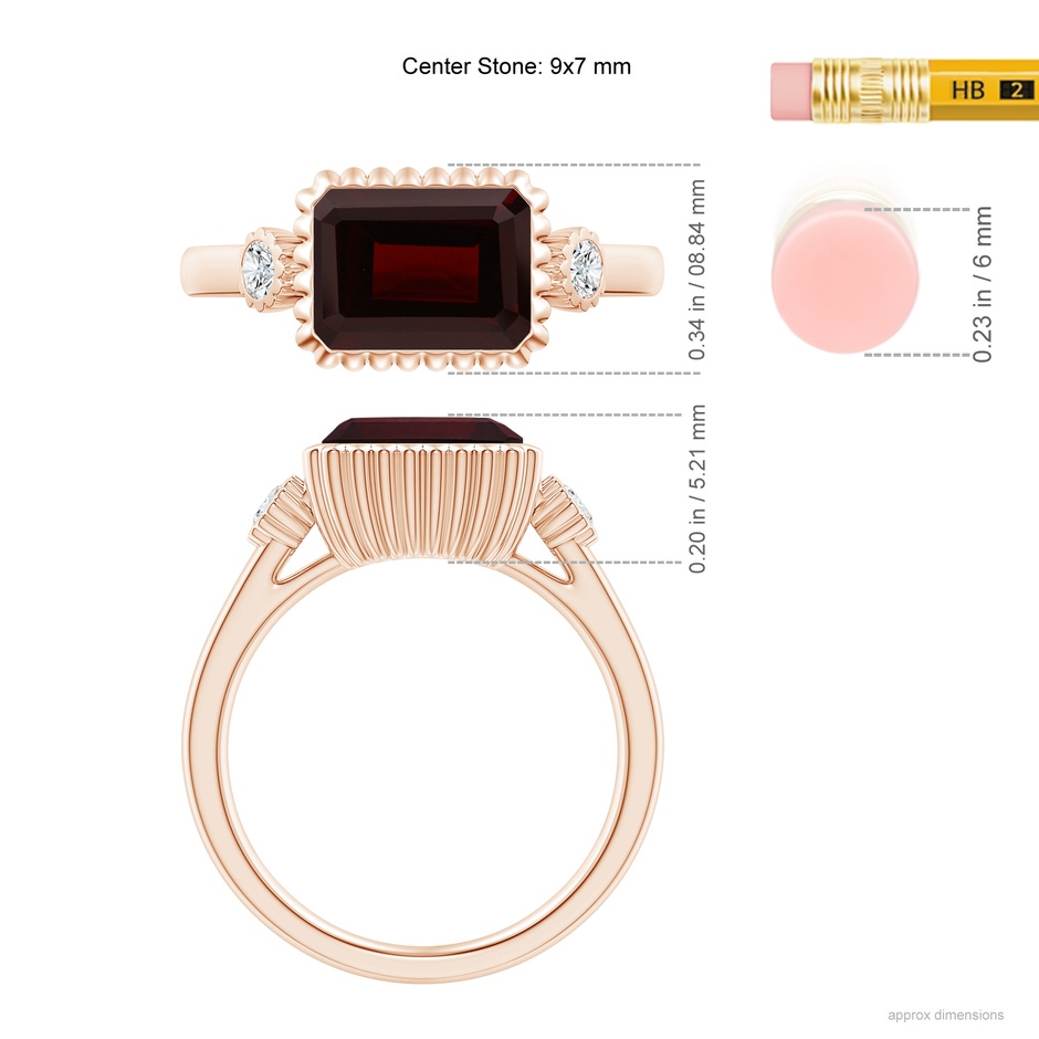 9x7mm A East-West Emerald-Cut Garnet Cocktail Ring with Diamonds in Rose Gold ruler