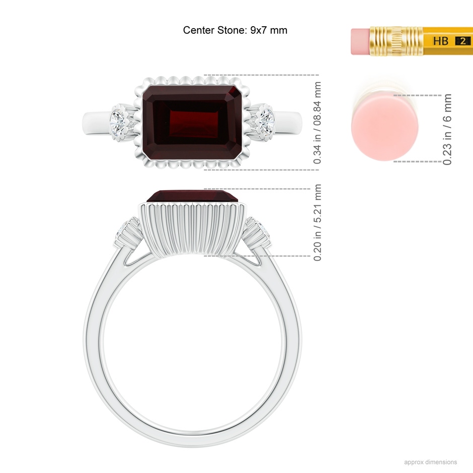 9x7mm A East-West Emerald-Cut Garnet Cocktail Ring with Diamonds in White Gold ruler