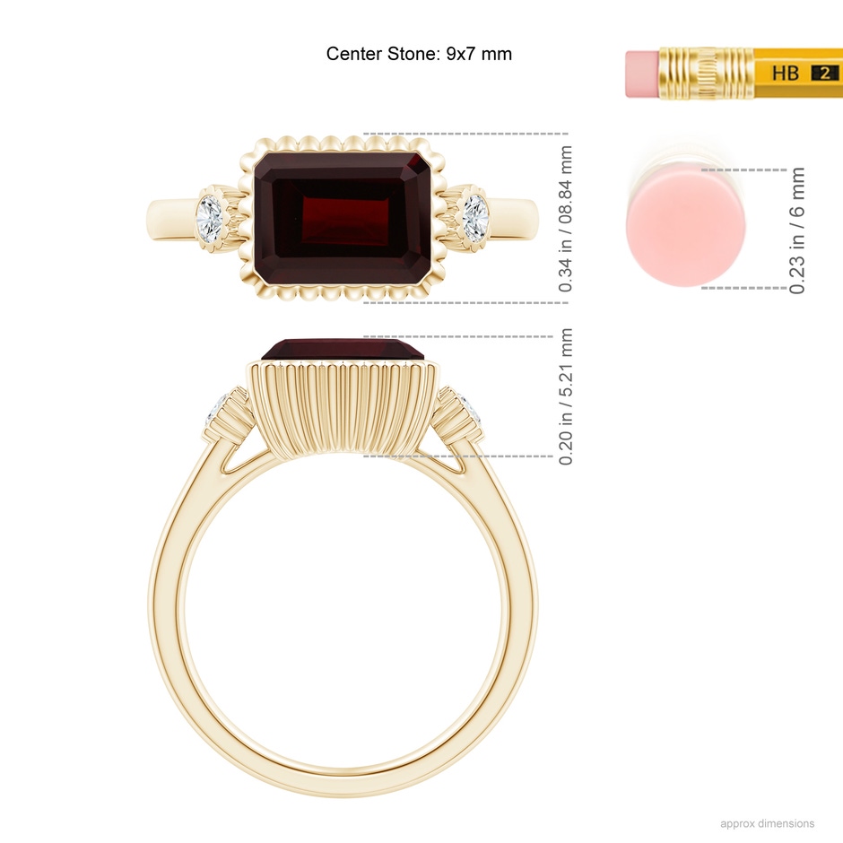 9x7mm A East-West Emerald-Cut Garnet Cocktail Ring with Diamonds in Yellow Gold ruler