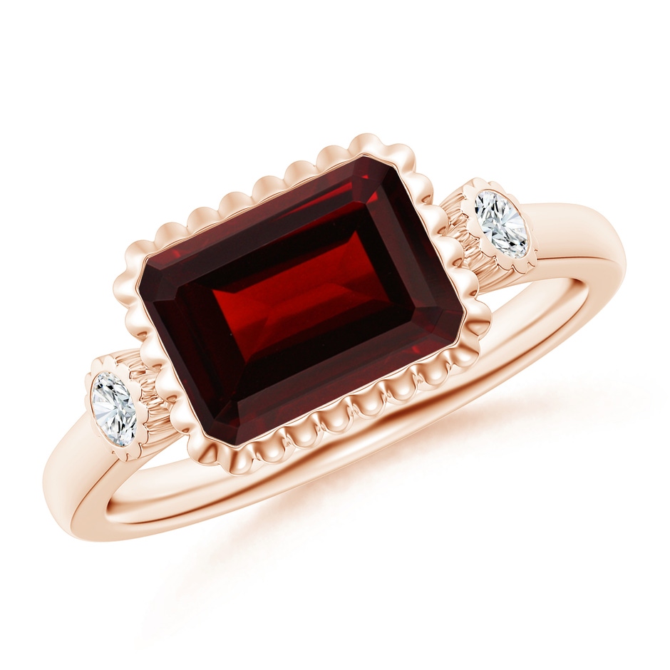 9x7mm AA East-West Emerald-Cut Garnet Cocktail Ring with Diamonds in Rose Gold 