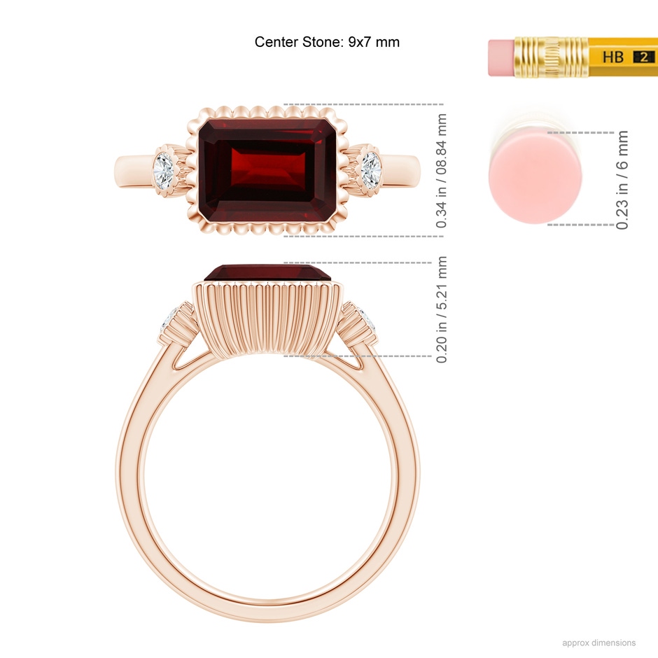9x7mm AA East-West Emerald-Cut Garnet Cocktail Ring with Diamonds in Rose Gold ruler