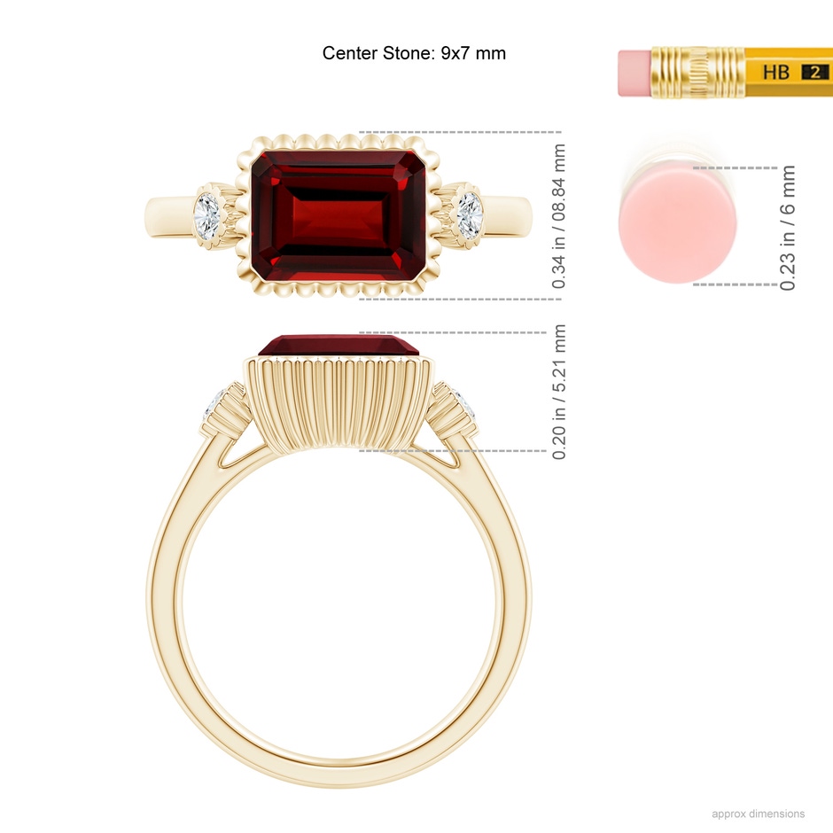 9x7mm AAAA East-West Emerald-Cut Garnet Cocktail Ring with Diamonds in Yellow Gold ruler
