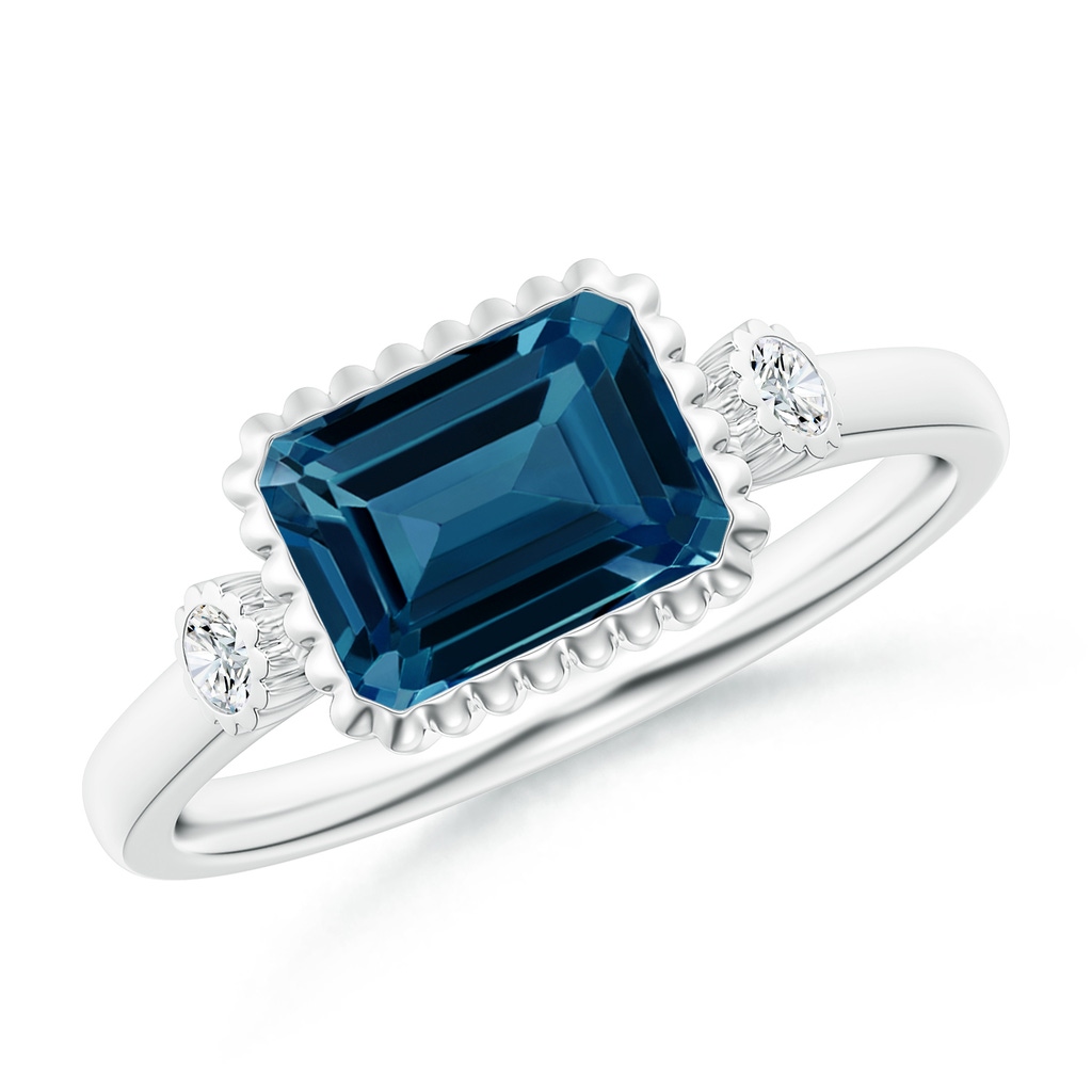 8x6mm AAAA East-West Emerald-Cut London Blue Topaz Ring with Diamonds in P950 Platinum