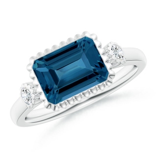 9x7mm AAA East-West Emerald-Cut London Blue Topaz Ring with Diamonds in White Gold