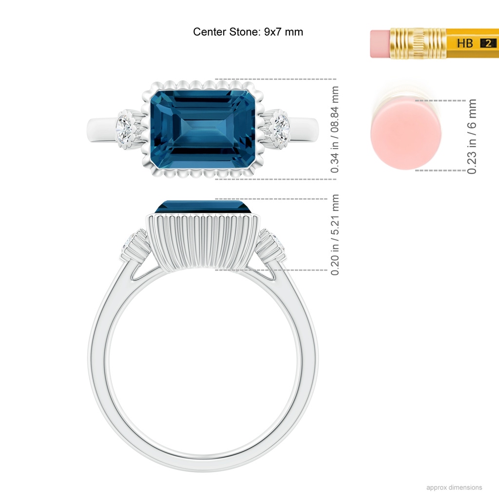 9x7mm AAA East-West Emerald-Cut London Blue Topaz Ring with Diamonds in White Gold Ruler