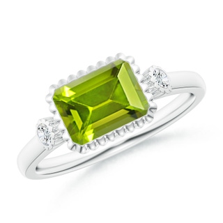 8x6mm AAA East-West Emerald-Cut Peridot Cocktail Ring with Diamonds in White Gold