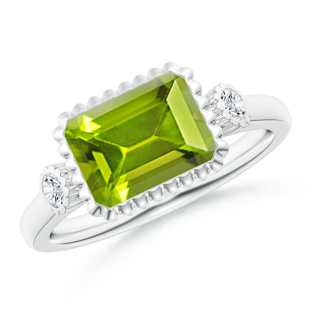 9x7mm AAA East-West Emerald-Cut Peridot Cocktail Ring with Diamonds in White Gold