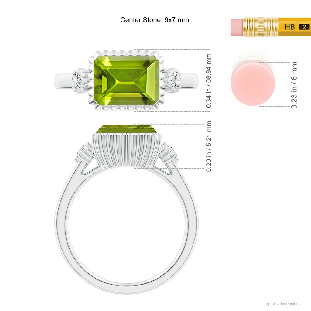9x7mm AAA East-West Emerald-Cut Peridot Cocktail Ring with Diamonds in White Gold Ruler