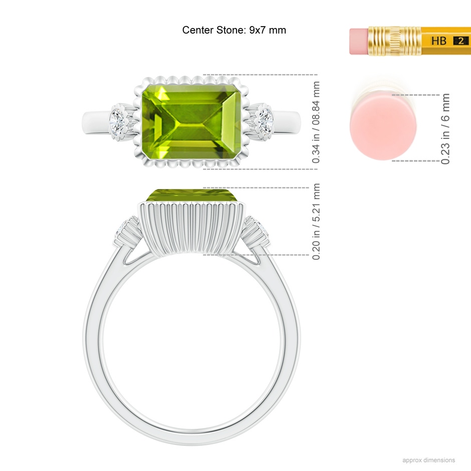 9x7mm AAA East-West Emerald-Cut Peridot Cocktail Ring with Diamonds in White Gold ruler