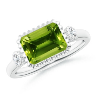 9x7mm AAAA East-West Emerald-Cut Peridot Cocktail Ring with Diamonds in P950 Platinum