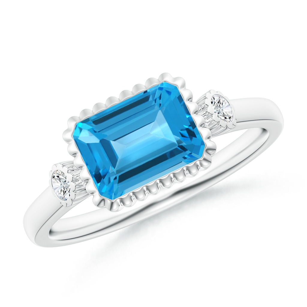 8x6mm AAA East-West Emerald-Cut Swiss Blue Topaz Ring with Diamonds in White Gold