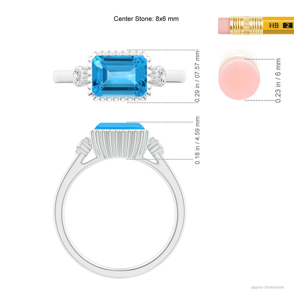 8x6mm AAA East-West Emerald-Cut Swiss Blue Topaz Ring with Diamonds in White Gold ruler