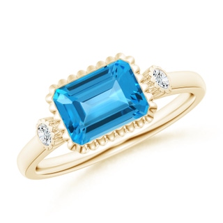 8x6mm AAA East-West Emerald-Cut Swiss Blue Topaz Ring with Diamonds in Yellow Gold